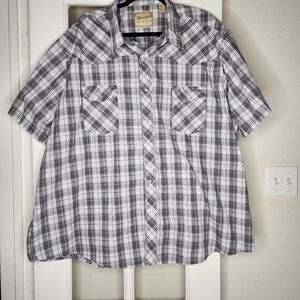 Wrangler Men's Plus Short Sleeve Pearl Snap Gray Plaid Casual Button Up 3X
